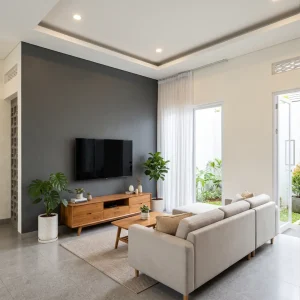 Dinding aksen abu-abu gelap sebagai titik fokus interior rumah minimalis