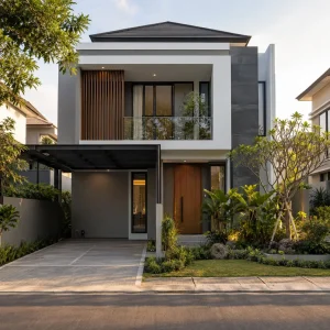 Inspirasi kombinasi warna cat rumah abu-abu, putih, hitam, dan cokelat tampak depan