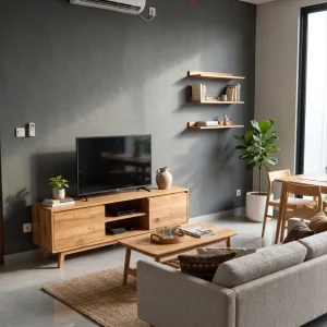 Interior abu-abu gelap dengan furnitur kayu natural untuk rumah modern