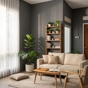 Interior abu-abu gelap dengan tanaman hijau dan furnitur kayu minimalis