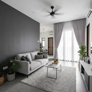 Interior rumah minimalis modern dengan cat abu-abu gelap dan abu-abu muda