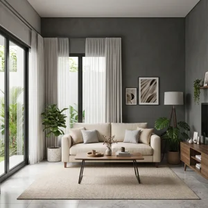 Ruang tamu dengan cat abu-abu gelap dan furnitur cream bergaya minimalis