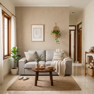 Dinding keramik ruang tamu sederhana warna beige