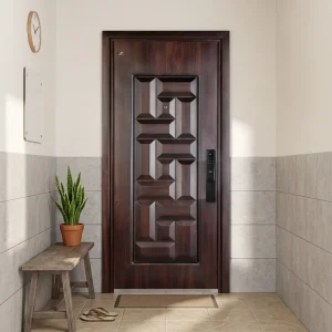 dinding keramik ruang tamu dengan pintu baja fortress motif urat kayu asli